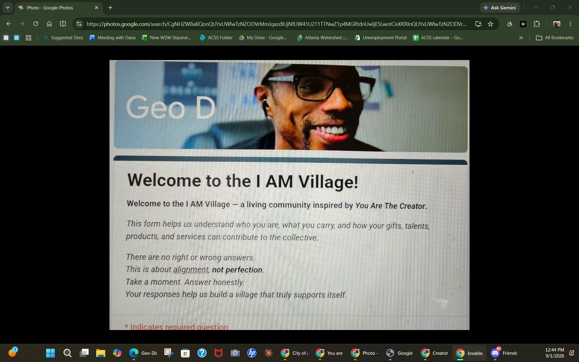 The Welcome to the I AM Village intake form, a living community inspired by You Are the Creator