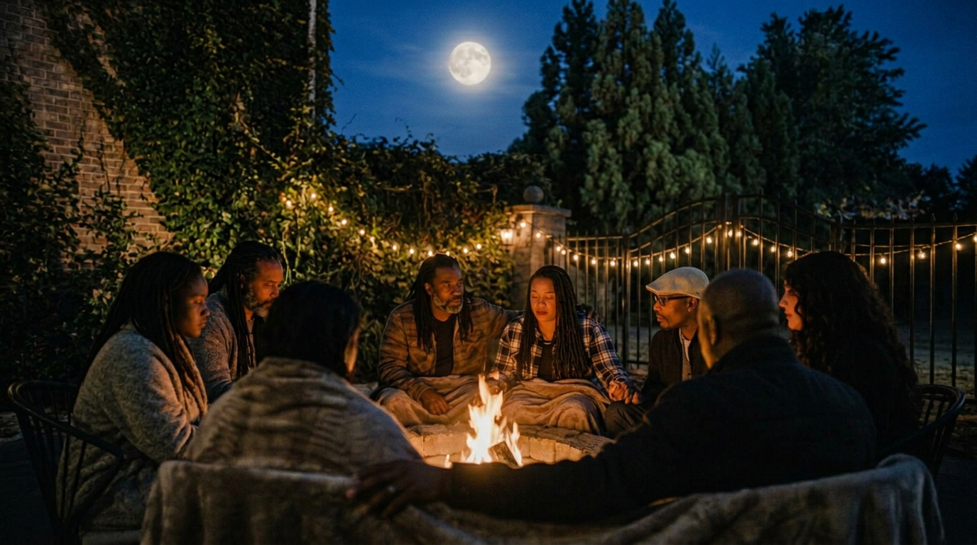 A circle of people around a fire beneath a full moon