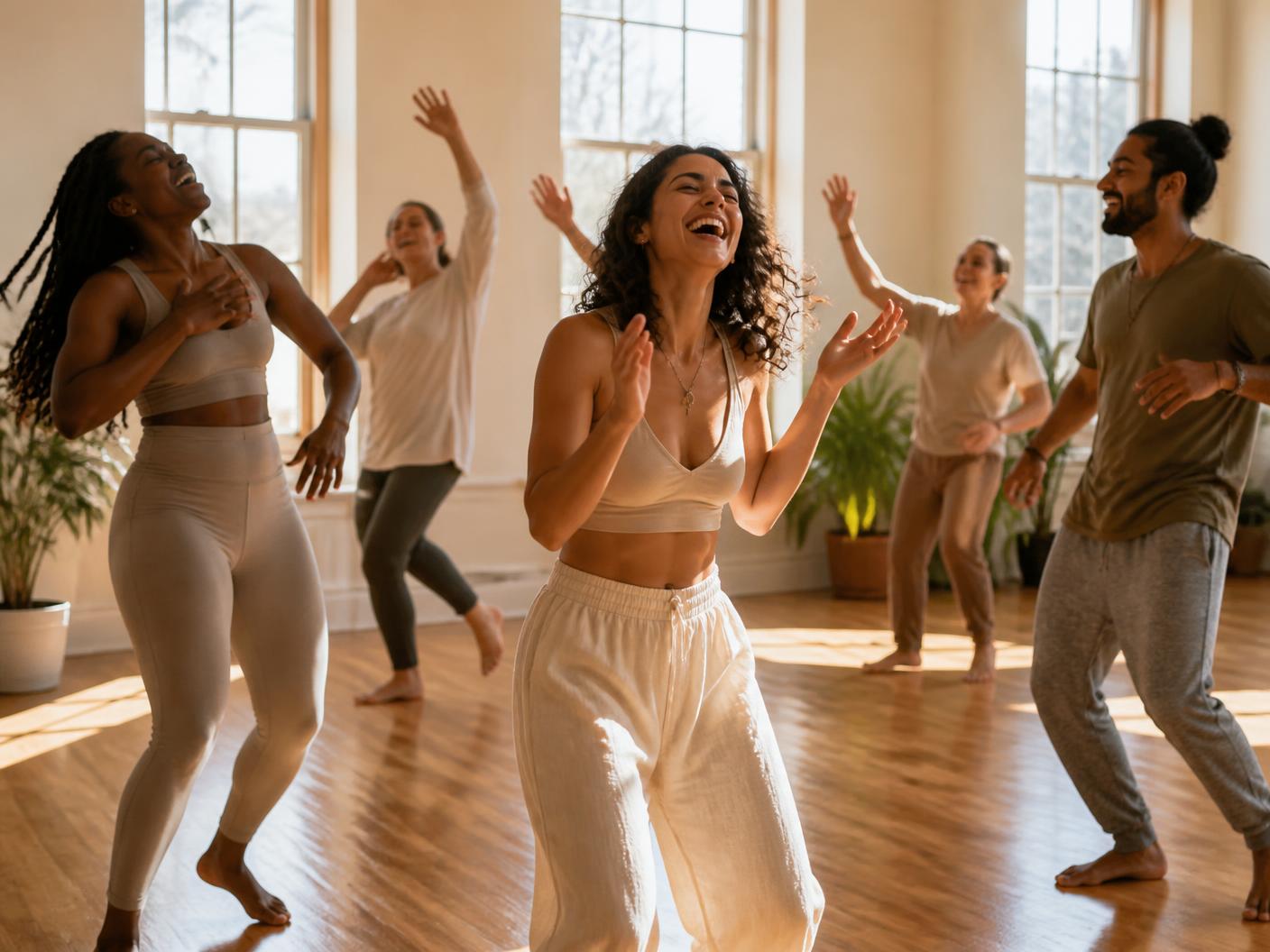 A person dancing barefoot in a sunlit room