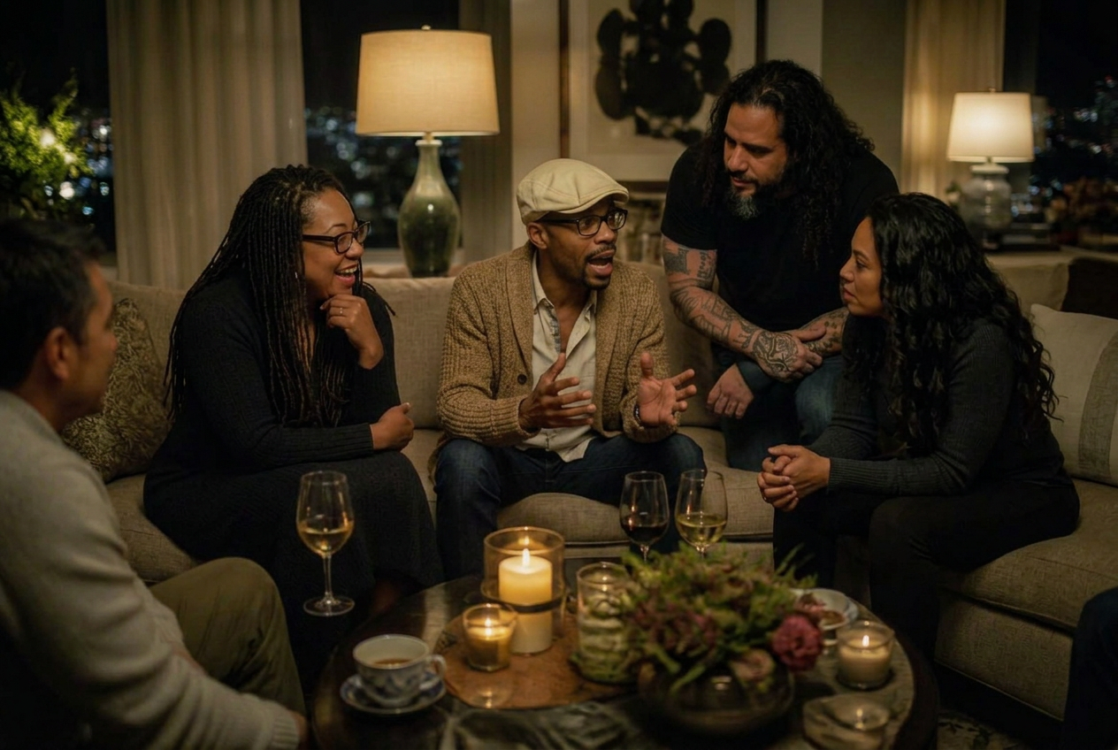 A warm, dim room at night with people talking in small clusters
